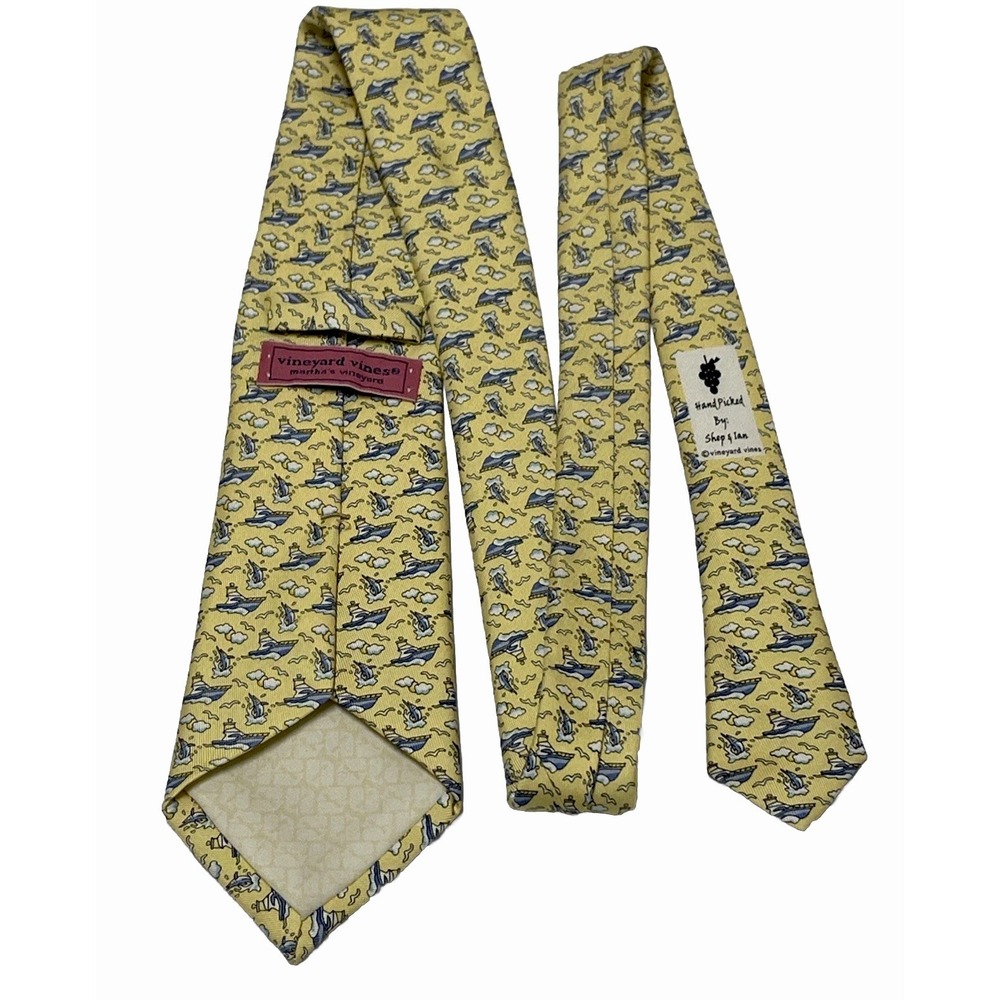Vineyard Vines Mens Silk Necktie Yellow‎ Blue Nautical Sailboat Whales Print